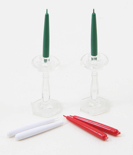 Dollhouse Miniature Crystal Candlesticks (2) With Candles